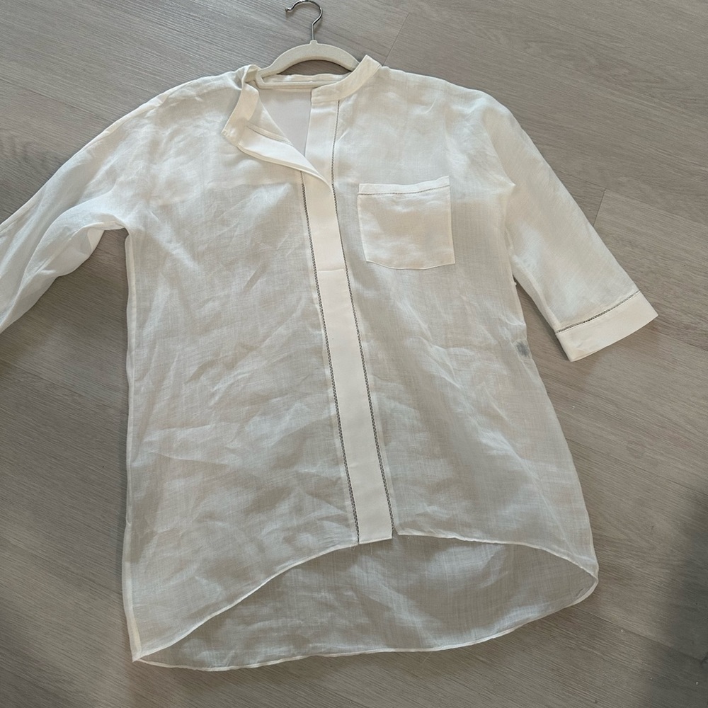 ELIE TAHARI SHEER 3/4 SLEEVE WHITE TUNIC LONGER IN BACK